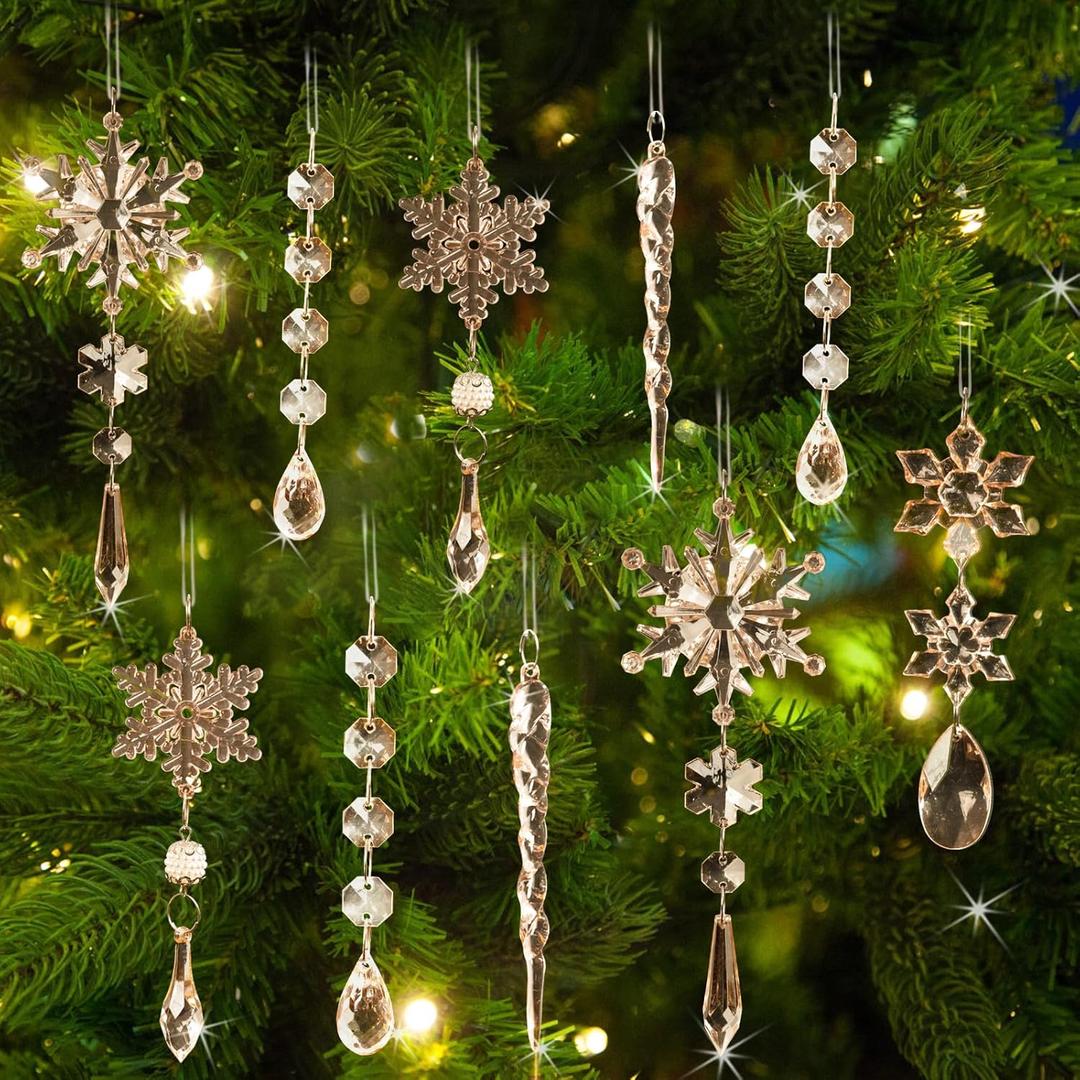 18pcs Crystal Christmas Ornaments for Christmas Tree Decorations-Champagne Hanging Acrylic Snowflake and Icicle Ornaments with Drop Pendants for New Year Party Decorations Supplies