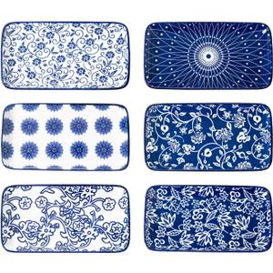 Rectangle Serving Platter Set - 8 Inch Ceramic Dinner Plates Rectangular Serving Trays for Sushi Salad Dessert Pasta Appetizer - Oven Microwave Dishwasher Safe - Set of 6 - Vintage Blue