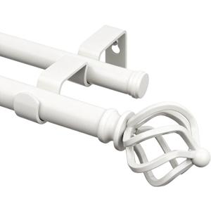 KAMANINA Double Curtain Rods 66 to 120 Inches (5.5-10 Feet), Ivory White Telescoping Curtain Rod for Windows 54 to 115 Inches, 7/8 Inch Decorative Curtain Rods with Twisted Cage Finials