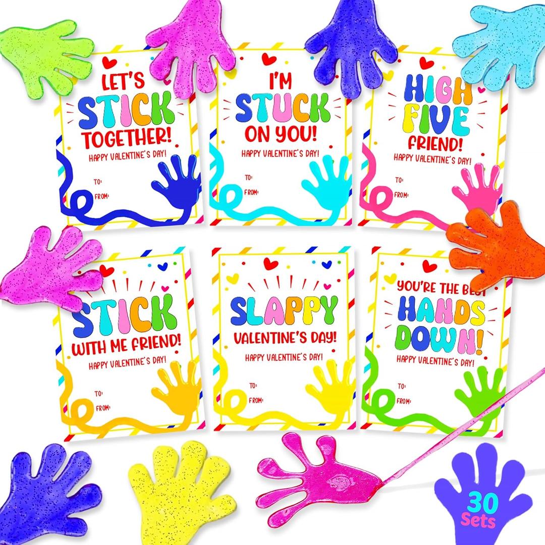 Sticky Slappy Hands Valentines Day Cards for Kids School, 30 Packs Stretchy Hands for Valentine's Day Kids Classroom Gifts Exchange Party Favors for Boys Girls