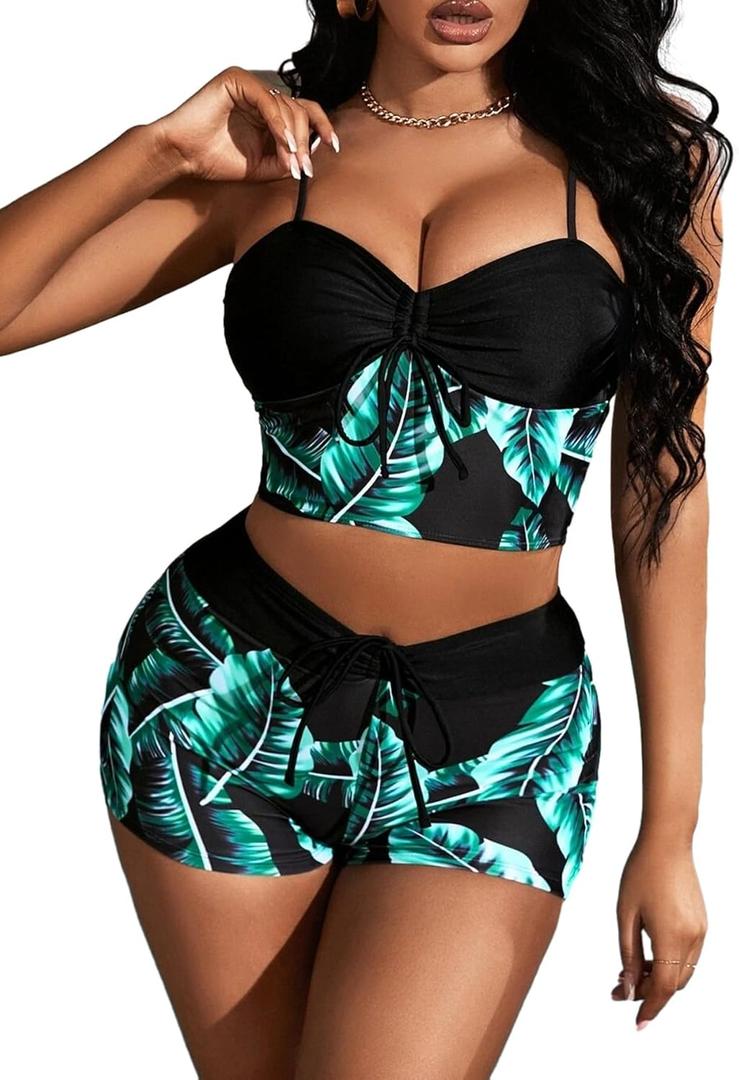 Lilosy Drawstring High Waisted Bikini Set Srting Swimsuit Spaghetti Strap Cami Top and Tie Side Shorts 2 Piece (X-Large)