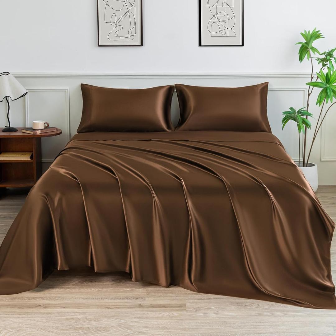Satin Sheets Queen Size Bed Set,Similar to Silk Sheets,4Pcs Luxury Satin Sheet Set with 15 Inches Deep Pocket (Queen, Brown)