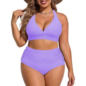 American Trends Womens Plus Size Bikini Set - Tummy Control, High Waisted 2 Piece Swimsuits Bathing Suits (Purple), 16 Plus