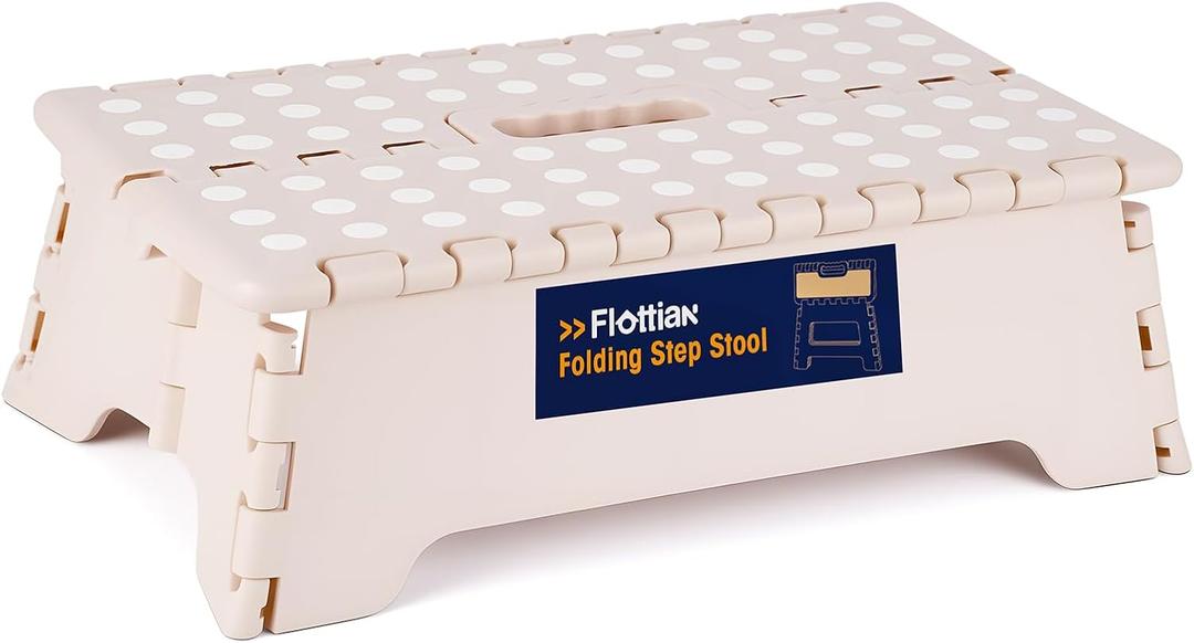 Flottian 5" Folding Step Stool for Adults and Kids 15-Inch Extra Wide Stool Holds Up to 300 lbs, Non-Slip Folding Stools with Handle, Compact Plastic Foldable Step Stool for Bathroom, Kitchen, ect Khaki
