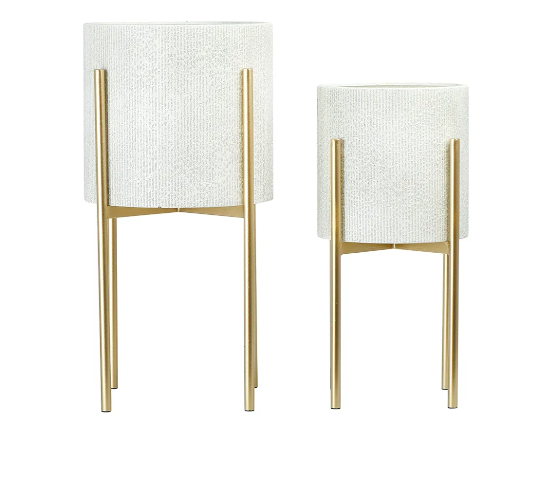 Main + Mesa Modern Boho Embossed Metal Planters with Stands, White and Gold, Set of 2 Sizes