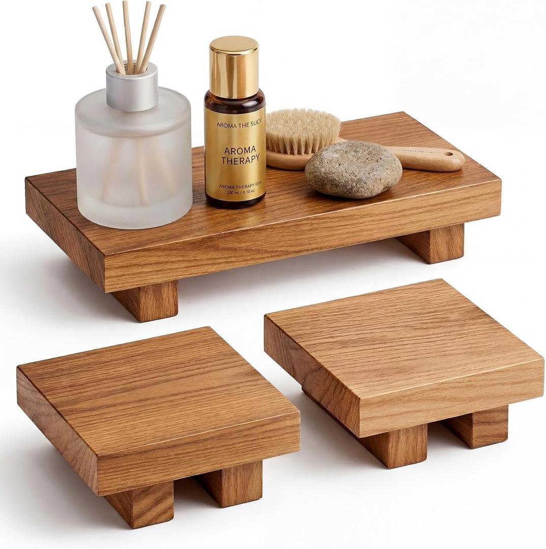 Hoteam 3 Pcs Wooden Risers for Display Paulownia Wood Pedestal Stand Bathroom Kitchen Counter Decor Torched Wood Soap Dispenser Tray Farmhouse Vintage Display Stand for Candles Plants Perfume