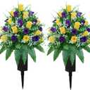 LVXINLI Artificial Cemetery Flowers, Gravesite Decoration Roses, Memorial Bouquets with Cemetery Vase, Vibrant and Long-Lasting Colors  Yellow+Purple, 2 Bundles