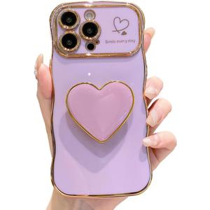Compatible with iPhone 16 Pro Heart Holder case, Cute Wave Frame Curly Shape with Love Heart Kickstand Raised Camera Protection Cover Luxury Plating Shockproof Phone Case (Purple, For iPhone 16 Pro)