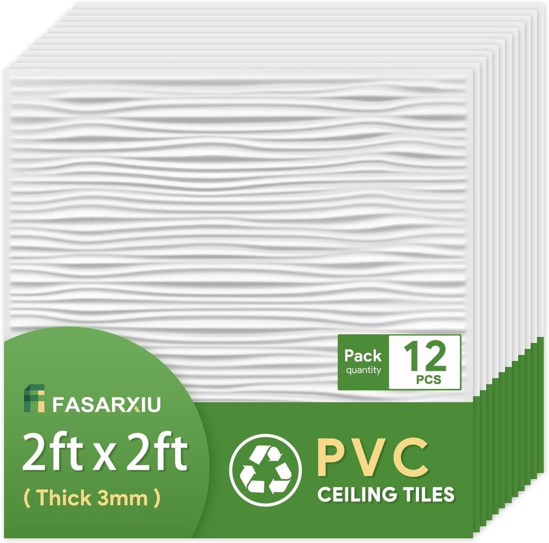PVC Drop-in Ceiling Tiles 2x2 ft - Case of 12 Covers 48 Sq Ft, Easy Installation for Suspended Grid Ceiling.Waterproof, Washable, Fire Rated Acoustic Panels