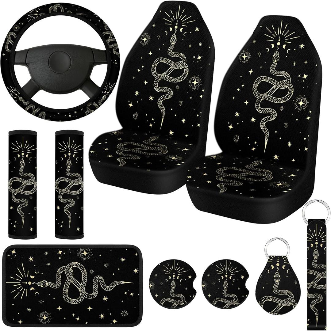 10 Pcs Moon Star Car Seat Covers Full Set Car Accessories for Women Front Seat Cover Steering Wheel Armrest Cover Seat Belt Cover Cup Holder for Auto SUV Interior Decoration (Snake)