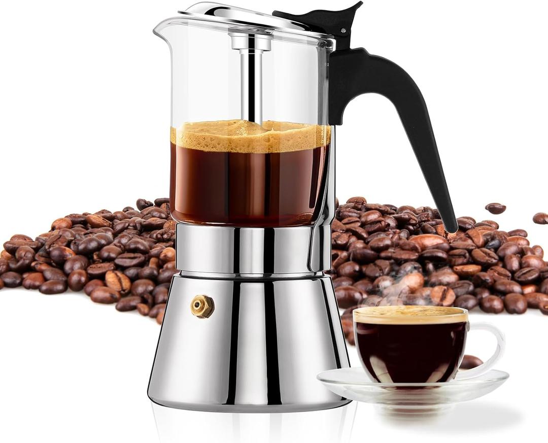 YOLIFE Premium Crystal Glass Top & Stainless Steel Induction Moka Pot, 9 Cup 360ml/ 12.7oz Stovetop Espresso Maker with Pressure Valve, Classic Italian Coffee Maker