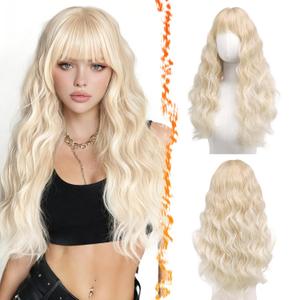 BARSDAR Long Blonde Wig With Bangs - Long Wavy Natural Blonde Wig with Bangs for Women - 26 Inch Thick Soft Synthetic Natural Looking Easy Wear Wavy Wigs Daily Cosplay Party Halloween Costume
