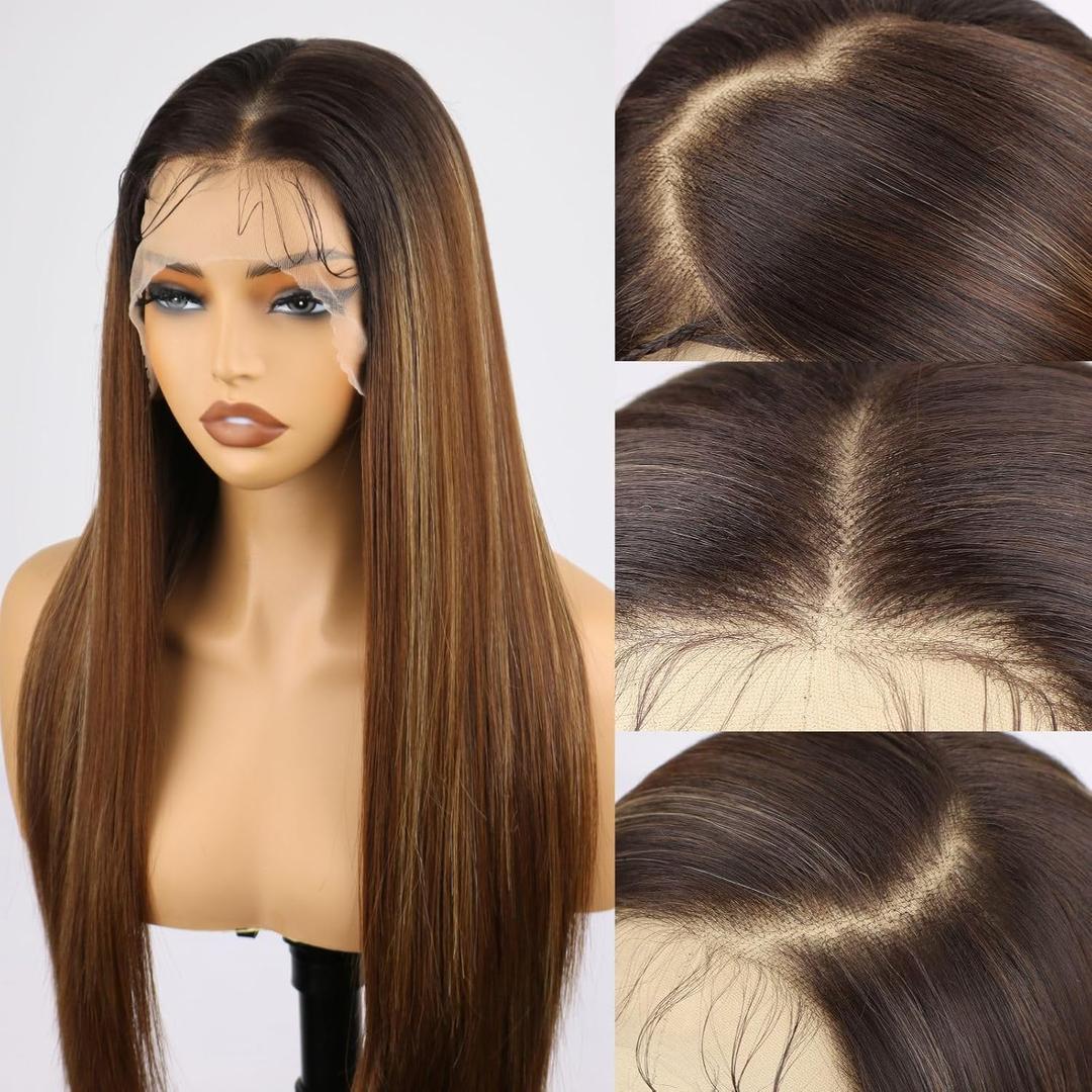 SKURI 134 Chocolate Brown Lace Front Wig with Highlights 26 Inch Straight Wigs for Women Synthetic Lace Front Wigs with Baby Hair Ombre Brown Wig Synthetic wigs for Daily