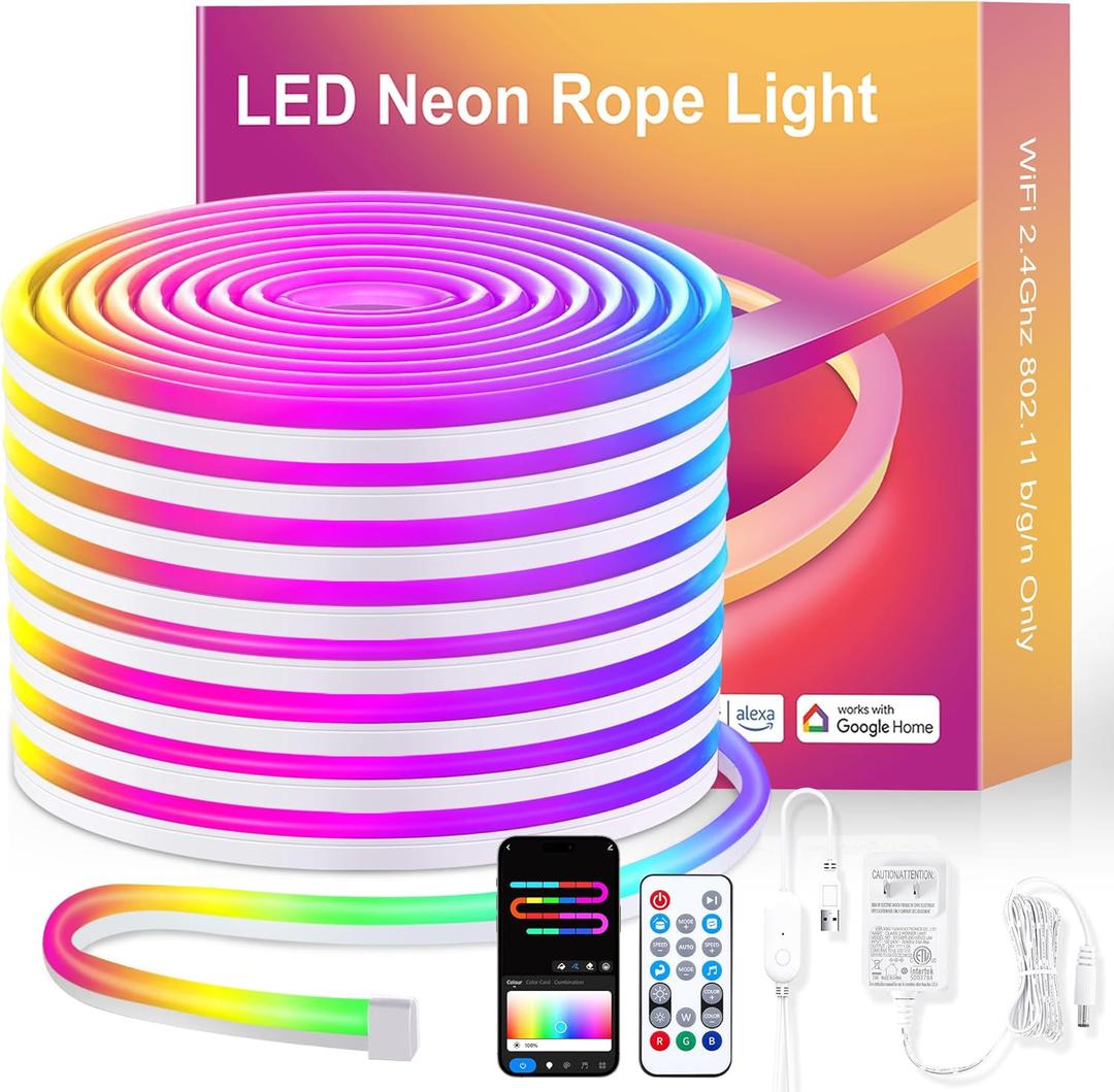 Neon Rope Lights, 10ft Smart RGB+IC LED Strip Lights with App & Remote Control, IP67 Waterproof Flexible Neon String Lights for Bedroom, Music Sync, DIY Multiple Modes for Wall Gaming Christmas Home