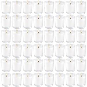 YOROXRG 48 Pack White Unscented Clear Glass Filled Votive Candles. Hand Poured Wax Candle Ideal Gifts for Aromatherapy Spa Weddings Birthdays Holidays Party (White)