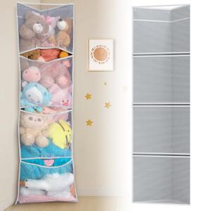 2 Pack Corner Stuffed Animal Toy Storage Hanging Organizer, Expandable Mesh Net Pockets, Stores Loads of Plush Toys - Large Plushie Display for Boys, Girls - Grey