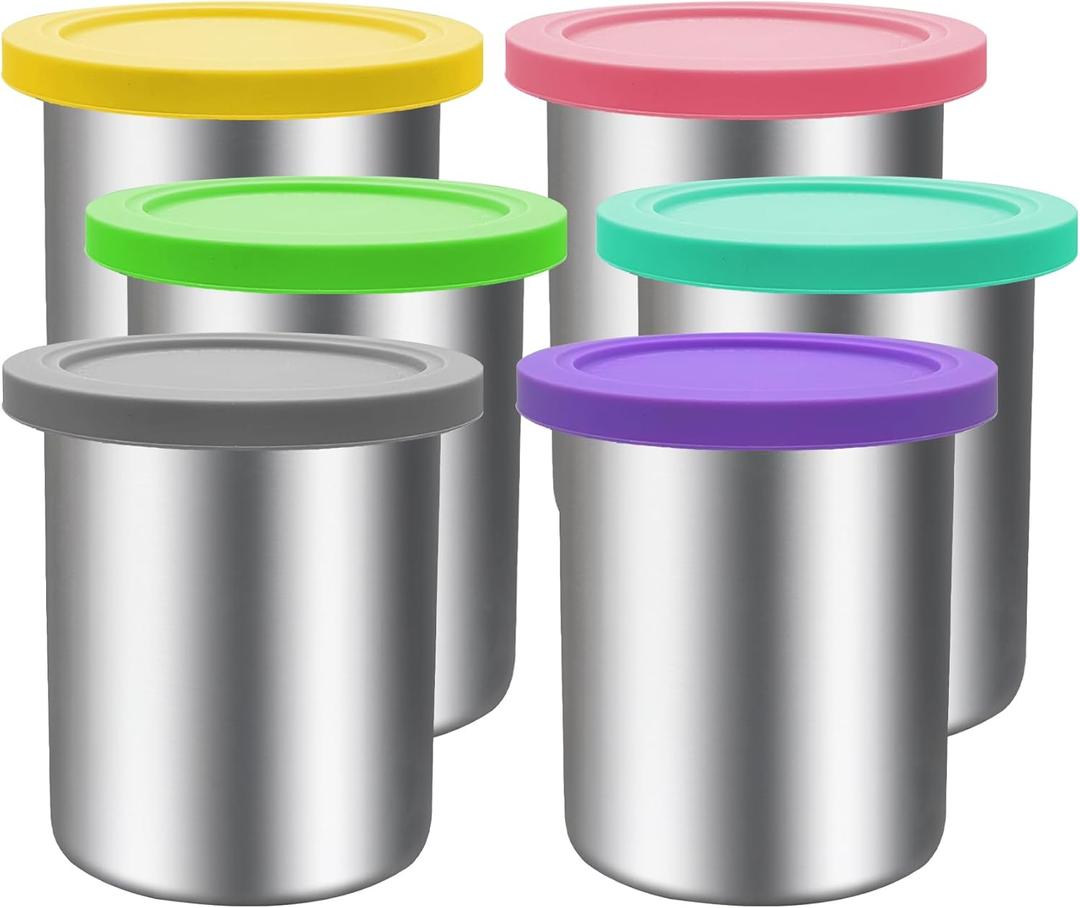 Stainless Steel Pint Containers & Lids Compatible with Ninja Creami ice Cream Maker NC500, NC501, CN501CO Delux Series 6 Pack, 24 oz, Silicone Lids, BPA-Free, Dishwasher Safe