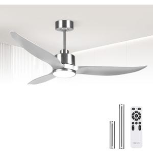 52 Inch Ceiling Fan with Lights, High CFM 3 Blades Sliver Ceiling Fan with Remote Control, Quiet DC Motor Fan for Indoor Outdoor (Silver)