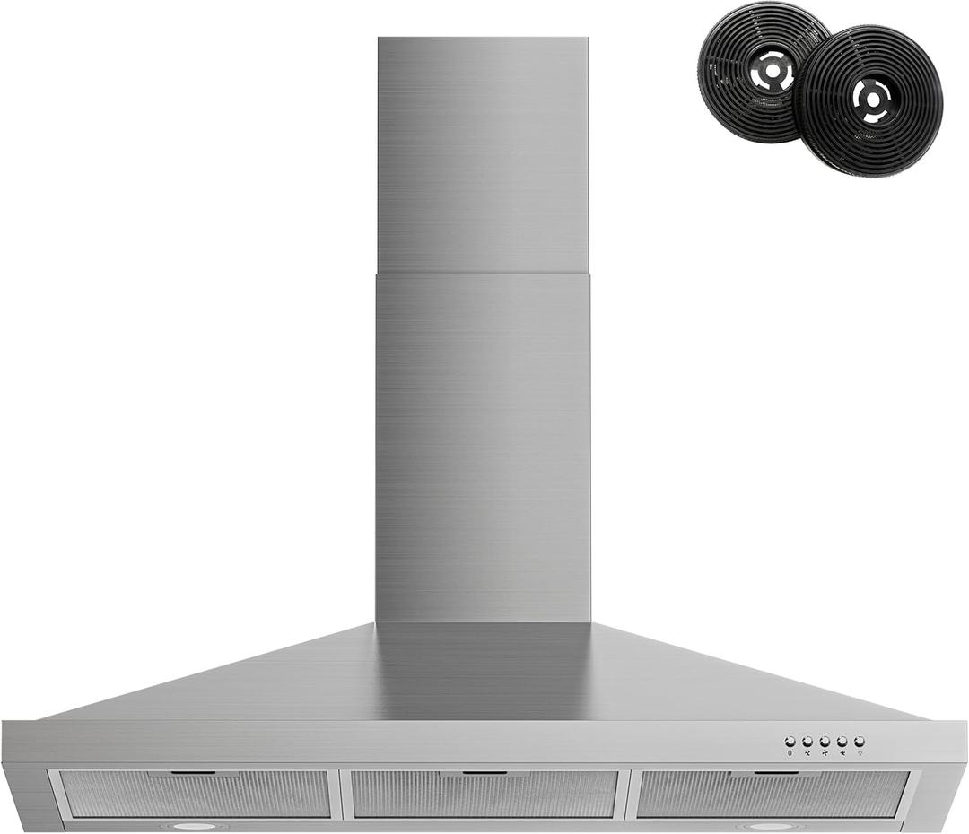 FIREGAS Range Hood 36 inch with Ducted/Ductless Convertible, 450 CFM Stainless Steel Wall Mount Chimney-Style Kitchen Hood, Over Stove Vent Hood with 3 Speed Fan, Charcoal Filters