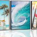 FJKLRP 3Pcs Tropical Surf Beach Wall Art Retro Camper Van Ocean Wave Surfboard Painting Prints Posters Coastal Wall Decor for Living Room Bedroom Beach House Decoration Unframed