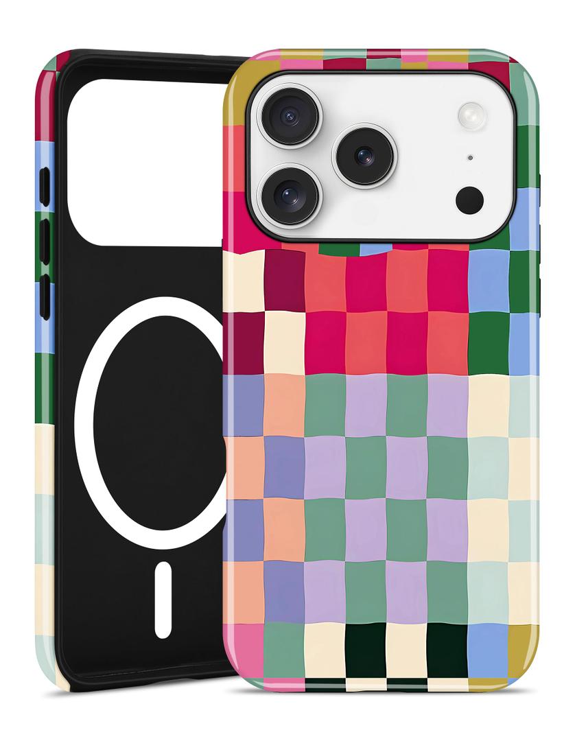 Jusy Compatible with MagSafe Checkerboard Case for iPhone 17 Pro, Cute Aesthetic Checkered Magnetic Phone Case, Soft TPU and Hard PC Protective Phone Cover for Women Girls（Shiny） - Colorful