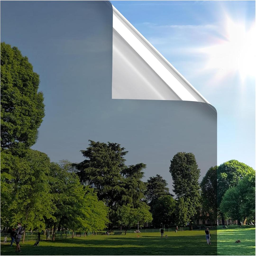 rabbitgoo Window Privacy Film One Way Window Tint for Home, Removable Reflective Heat Sun Blocking Anti UV Glass Door Covering, Mirror Tinting Film House Office, 23.6 in X 6.5 Feet, Black Silver