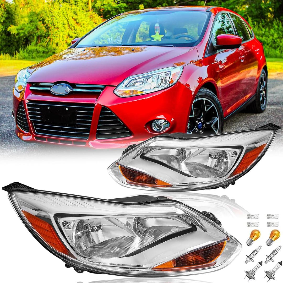 Headlights Assembly with Bulbs for 2012 2013 2014 Ford Focus (3rd Gen Pre-Facelift) Halogen Head Lights Headlamps Replacement Driver and Passenger Side Pair, Chrome Housing Amber Reflector