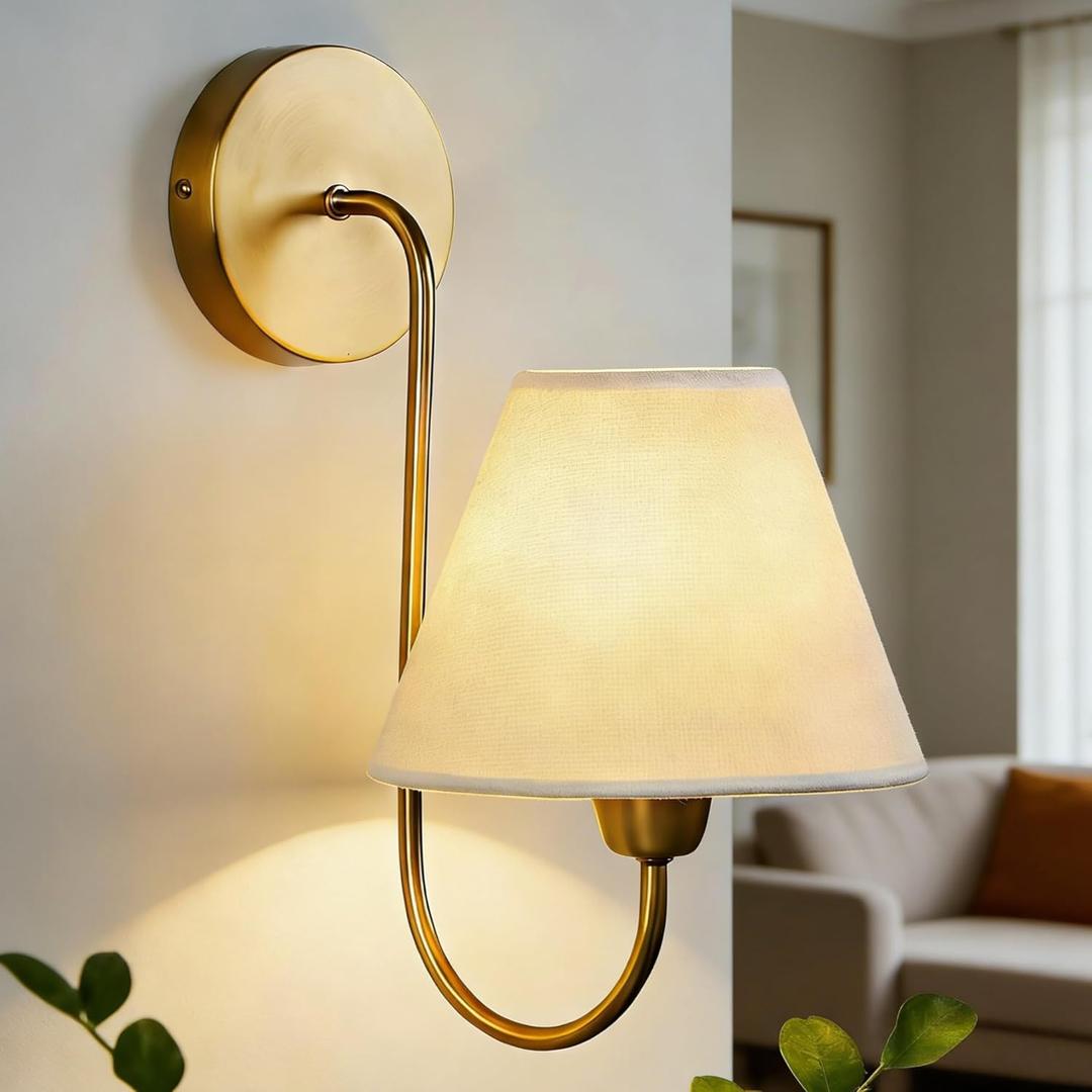 Vintage White Linen Single Wall Sconce, Retro Swoop Wall Lamp with Metal Antique Brass Pole, Gooseneck Light Fixture Design for Elegant Home Lighting, Bedroom (7.5 Inch Shade)