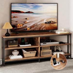 Corner TV Stand with Power Outlet, Corner Entertainment Center for 32 43 50 55 60 Inch TV, Industrial Media Console Table for Living Room Bedroom, 55 Inch, Rustic Brown, Onesize
