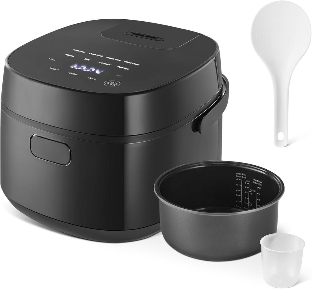 Amazon Basics Rice Cooker 6-cup Uncooked 12-cup Cooked, Micom with Fuzzy Logic, Ceramic Non-Stick Coating, Auto Keep Warm, Locking Lid, Black