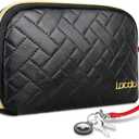 Lacdo Makeup Bag Small Cosmetic Bag Pouch For Women Elegant Leather Waterproof Travel Make Up Bags Toiletry Bag Lipstick Cosmetic Accessories Organizer for Purse Great Gift For Women Girls, Black 2 Pcs