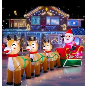 12 Feet Long Christmas Inflatables Santa Claus with Three Reindeer Built-in LED Lights, Blow Up Christmas Outdoor Decorations for Xmas Party Holiday Outdoor Garden Lawn Yard Decor