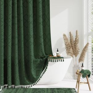 Dynamene Dark Green Fabric Shower Curtain, Boho Tufted Geometric Striped Tassel Shower Curtain for Bathroom, Shabby Chic Textured Farmhouse Waterproof Cloth Shower Curtain Set, Wrinkle Free, 72"x72"
