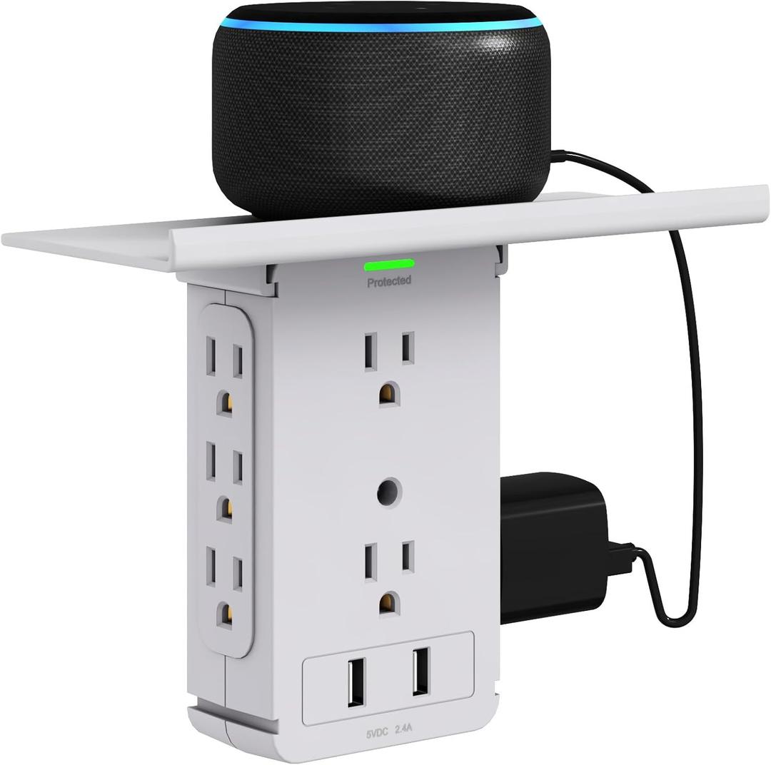 Socket Wall Shelf-CFMASTER 10 Port Surge Protector Wall Outlet, 8 Electrical Outlet Extenders and 2 USB Ports 2.4A, with Removable Built-In Shelf, FCC Listed (1, Gray) (Grey)