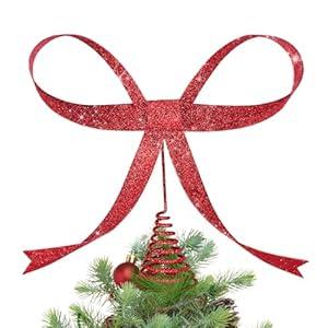 HUTHDAK Large Glitter Red Bow Christmas Tree Topper,9.4 Inch Metal Tree Topper,Champagne Gold Bow Christmas Decorations for Xmas Home Decor Holiday Party Indoor Outdoor Shop Office