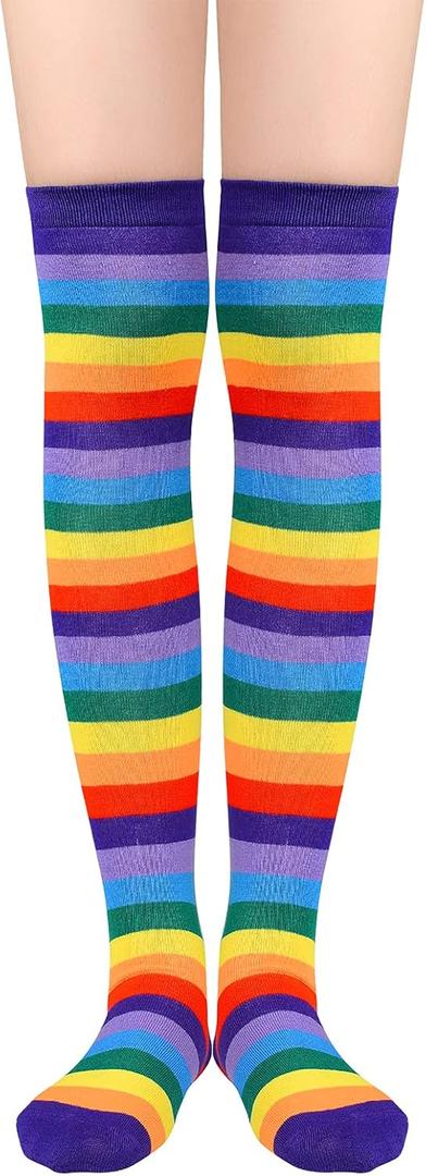 American Trends Womens Rainbow Socks Striped Knee High Socks Thigh High Stockings Casual Tube Socks Costume Leg Warmers (One Size, 02 Purple Rainbow)