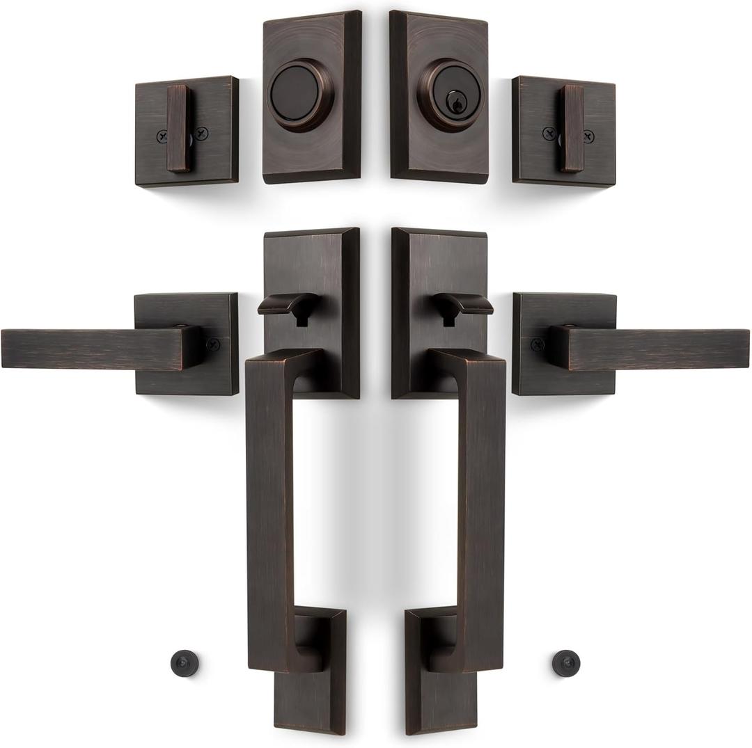 Double Front Door Lock Set, Keyed Entry Front Door Handleset with Dummy, Square Heavy Duty Door Lever and Single Cylinder Deadbolt Combo, Oil Rubbed Bronze