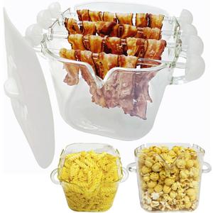 Glass Microwave Bacon Cooker, Microwave Popcorn Popper, 100oz Glass jar with Silicone Lid, Ramen Noodle Bowl and Vegetable Steamer, with Removable Glass skewer, Make 16pcs bacon one time