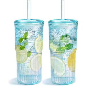 Puraville 20oz Glass Cups with Lids and Straws, 2 Pack High Borosilicate Iced Coffee Cups Drinking Glasses Tumbler for Smoothie, Water, Tea, Juice Drinks, Shimmering Blue