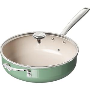 Redchef Ceramic Saute Pan with Lid, Nonstick Deep Frying Pan, 5QT Jumbo Cooker with Helper Handle & Lid, Non Toxic Ceramic Cooking Pan, Chef Pan, Dishwasher & Oven Safe, PFAS PFOA & PTFE Free Green