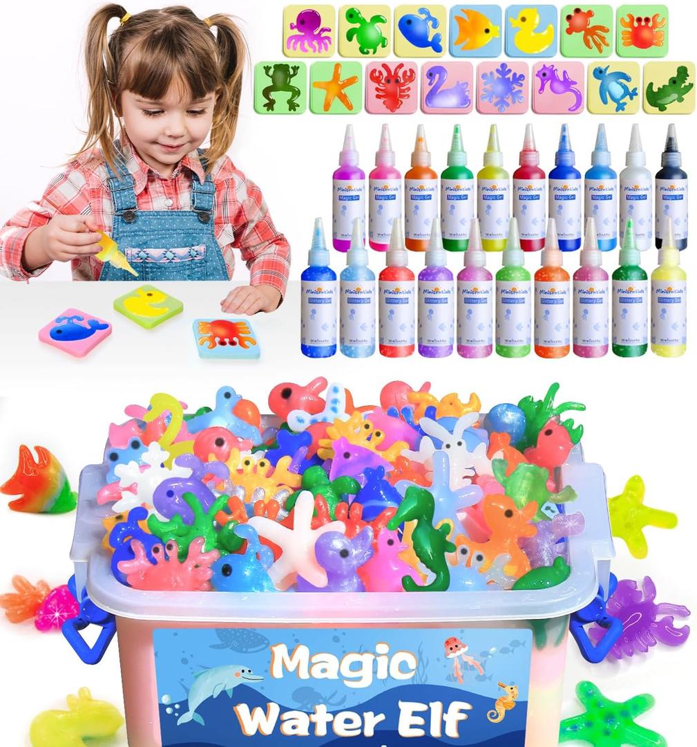 MINISENTIALS Magic Water Elf Toy Kit - 20 Colors Aqua Art Gel 100ml Jumbo Size Famliy Set - 15 Sea Creature Molds Magic Fairy Squishy Maker - Party Favor Birthday Christmas Gift for Kids