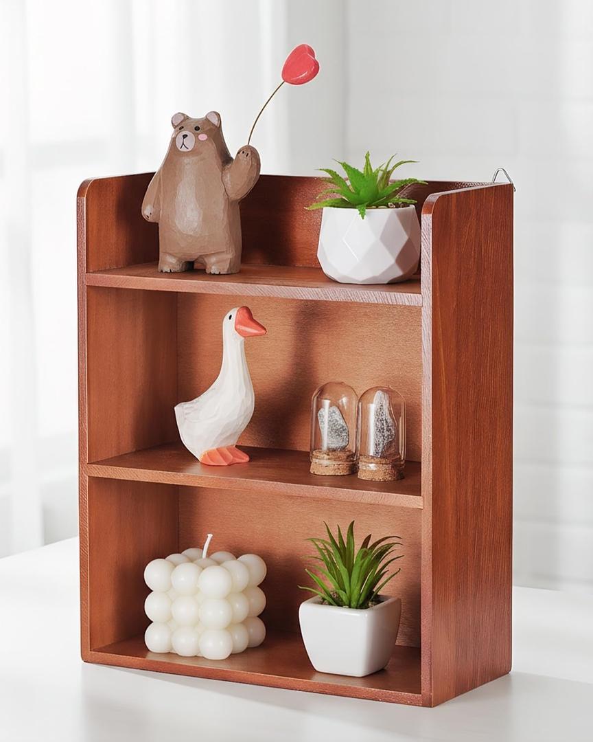 Bahhatii 3Tier Trinket Display Shelf for Wall or Countertop, Small Vintage Wooden Shelf for Collectibles, Perfume & Crystal Storage, Brown