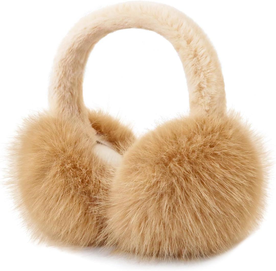 Earmuffs for Women Girls Faux Fur Fuzzy Headband Foldable Ear Covers Cold Weather Accessory (Brown 2)