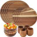 16 Pcs Acacia Wood Dinnerware Set, Includes 4 pcs 9.8-in Round Plates, 4 pcs 7.9-in Round Plates, 4 Solid Wood Bowls, and 4 Tea Cups, Easy to Clean & Lightweight, Perfect for Meals, Snacks & Desserts