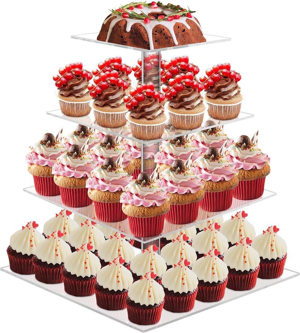 Cupcake Stand, 4 Tier Cupcake Stands for 52 Cupcakes, Square Acrylic Dessert Table Display, Clear Cupcake Tower Holder Display for Birthday, Wedding, Baby Shower, Party
