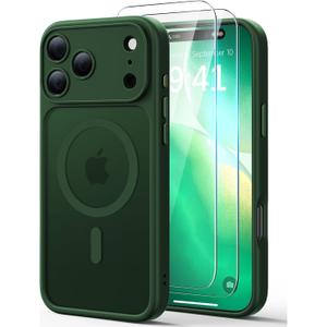 JJL for iPhone 17 Pro Case with 2 Pack Screen Protectors, Compatible with MagSafe, Full Camera Protection, Translucent Matte Magnetic Phone Cover, Deep Green