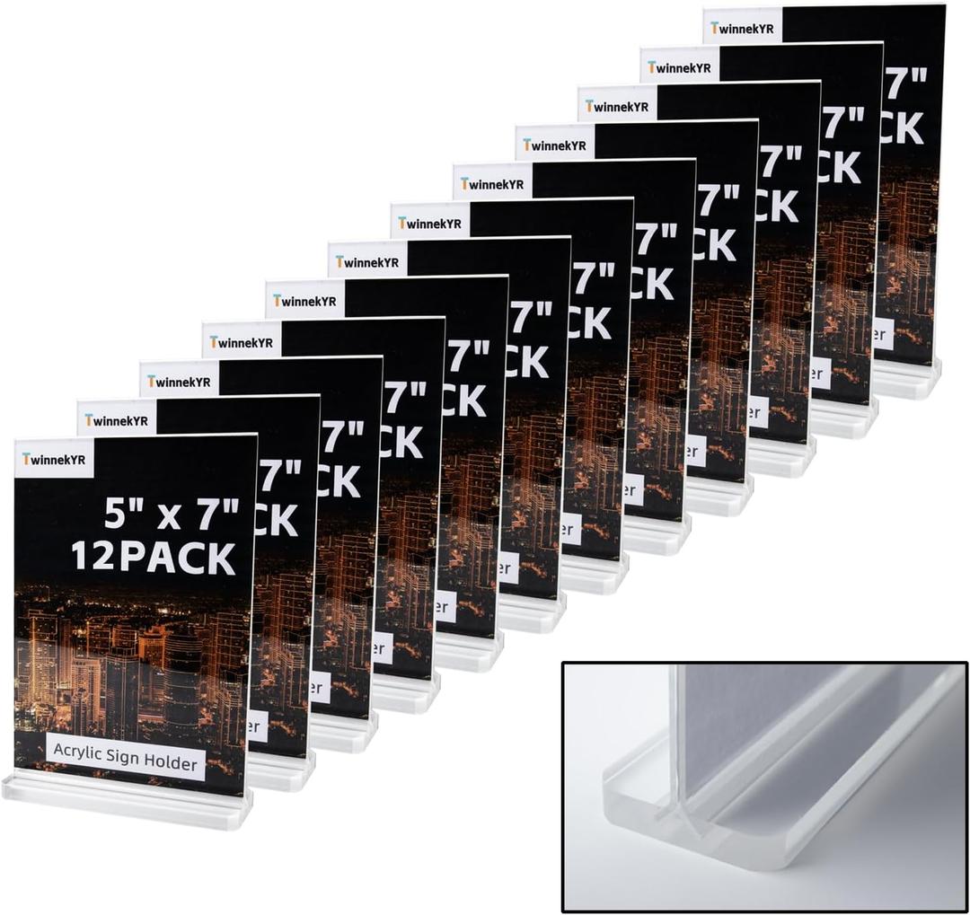12 Pack Acrylic Sign Holder, 5 x 7 inch T-Shaped Table Top Display Stand, Clear Double-Sided Vertical Desktop Paper Holder for Promotions, Ads Frame, Menu, Restaurants, Store, Home, Office