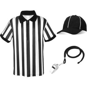 Halloween Kids Referee Costume Set White Black Stripe Umpire Jersey Overturned Collar Referee Shirt Stainless Steel Whistle with Lanyard Hat for Basketball Football Soccer (X-Large)