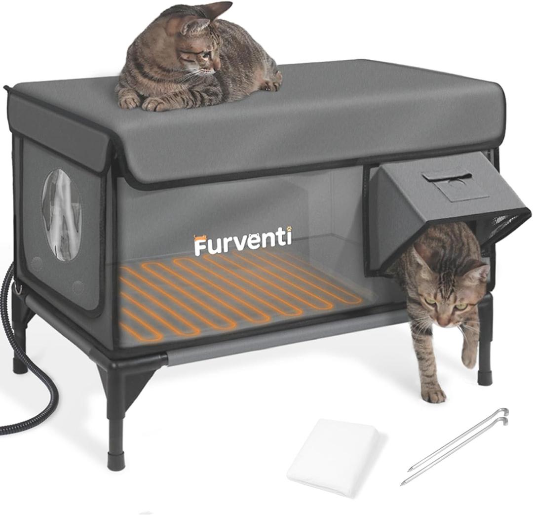 Outdoor Heated Cat House in Winter,Extremely Insulated & Weatherproof,Elevated Feral Cat Shelter with Waterproof Eaves & Escape Door for Outside Stray Barn Cat (Dark Grey, L with Cam.)