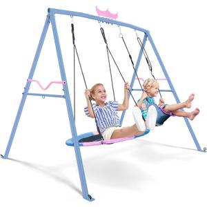 PANGU Crown 2-in-1 Swing & Hammock, 460lbs 2 Seat Swing Sets for Backyard, Outdoor Kids Swing Set Heavy-Duty Metal,1 Saucer and 1 Belt for Outdoor Playground Park,Pink-BlueHammock not Included